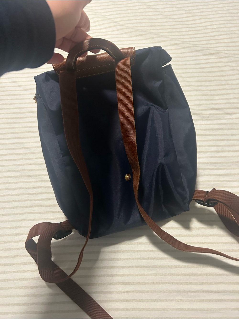 Longchamp Navy Nylon Backpack with Brown Leather Flap - Picture 4 of 5